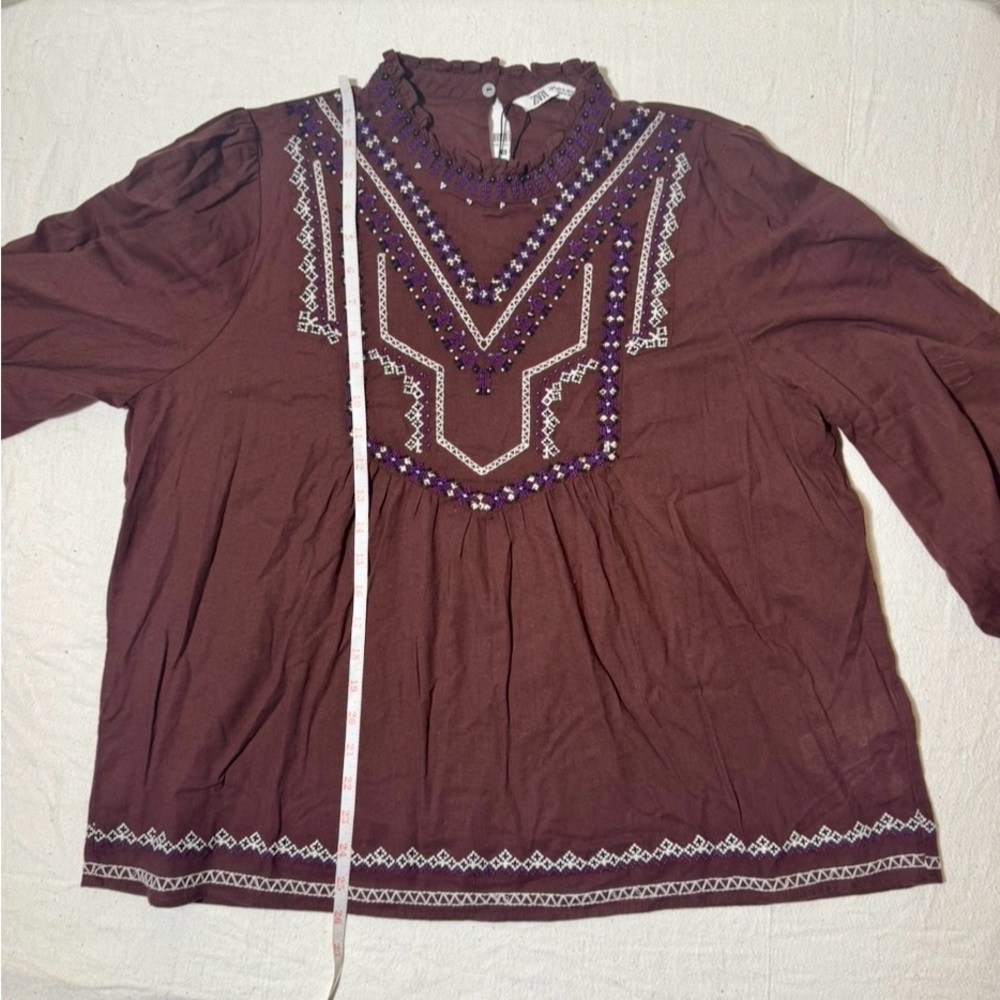 Zara Embroidered & Beaded Long-Sleeve Tunic - Brown with White & Purple Accents - Picture 8 of 13
